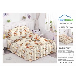 Lenjerie pat dublu, BUMBAC FINET, 6 piese, cu VOLANASE, Crem-Bej, flori, LDV-018