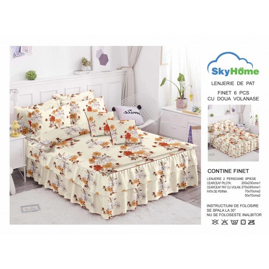 Lenjerie pat dublu, BUMBAC FINET, 6 piese, cu VOLANASE, Crem-Bej, flori, LDV-018 Lenjerii Finet cu Volanase