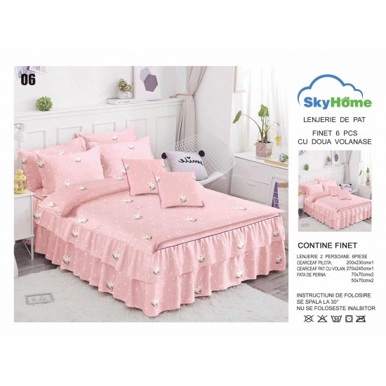 Lenjerie pat dublu, BUMBAC FINET, 6 piese, cu VOLANASE, Roz-Alb, floricele, LDV-008 Lenjerii Finet cu Volanase