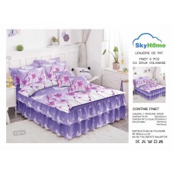 Lenjerie pat dublu, BUMBAC FINET, 6 piese, cu VOLANASE, Mov-Lila, flori, LDV-023