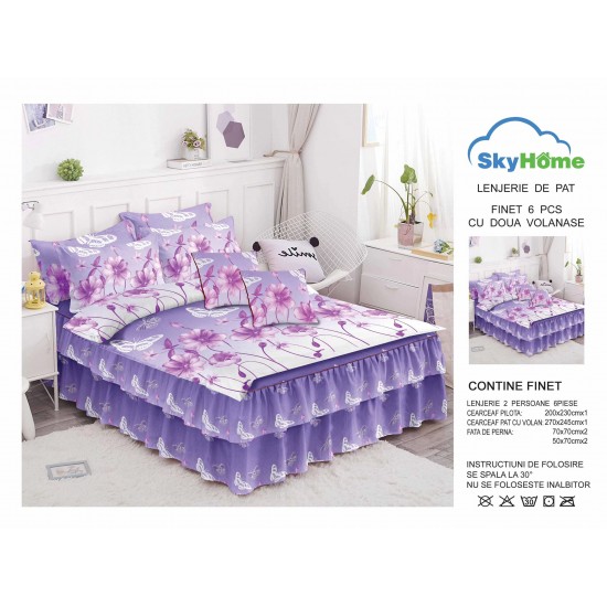 Lenjerie pat dublu, BUMBAC FINET, 6 piese, cu VOLANASE, Mov-Lila, flori, LDV-023 Lenjerii Finet cu Volanase