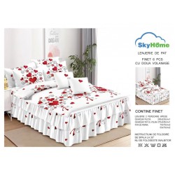 Lenjerie pat dublu, BUMBAC FINET, 6 piese, cu VOLANASE, Alb-Rosu, inimi, LDV-035