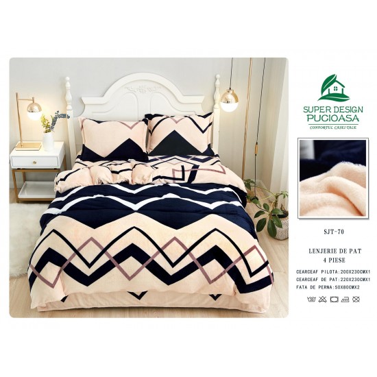 Lenjerie pat dublu, Super Pufoasa COCOLINO, 4 piese, Crem-Bleumarin, zig zag, LDC-091 Lenjerii Cocolino 4 piese