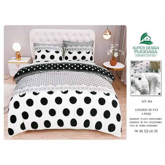 Lenjerie pat dublu, Super Pufoasa COCOLINO, 4 piese, Alb-Negru, buline, LDC-097 Lenjerii Cocolino 4 piese