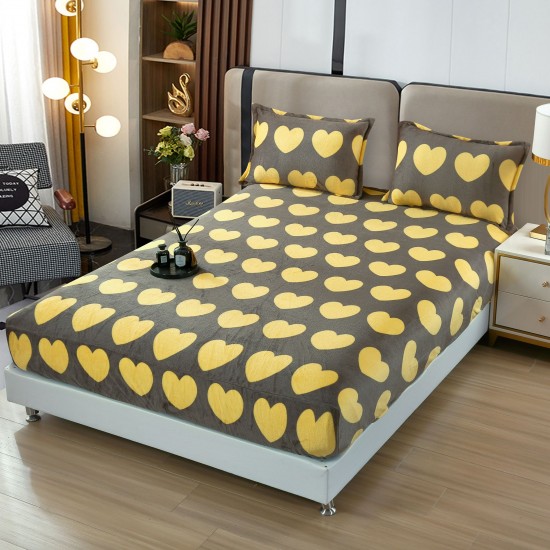 Cearsaf cu elastic COCOLINO, 180x200x25cm, plus 2 fete de perne, Galben-Gri, inimi, HC-084 Huse Cocolino