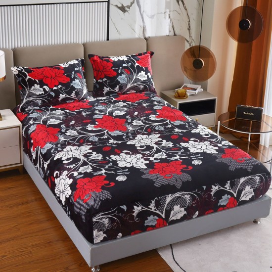 Cearsaf cu elastic COCOLINO, 180x200x25cm, plus 2 fete de perne, Negru-Rosu, flori, HC-085 Huse Cocolino