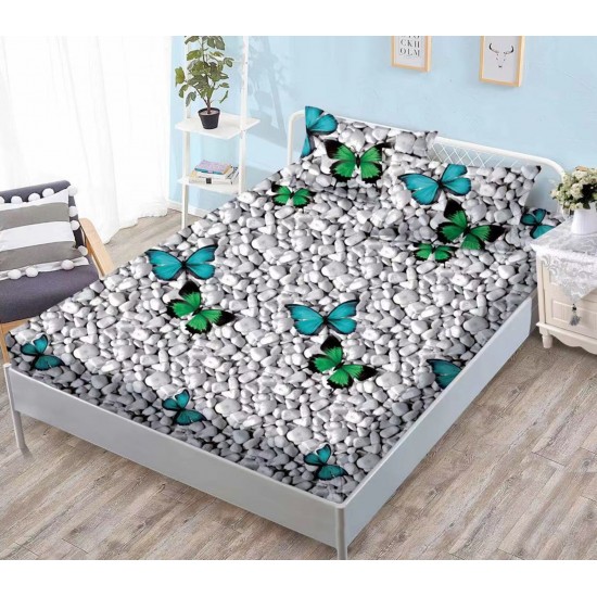 Cearșaf Cocolino cu Elastic 180x200 cm + 2 Fețe de Pernă – Model Fluturi Turcoaz pe Pietricele Gri, HC-032 Huse Cocolino