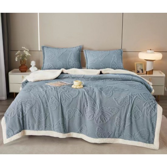 Patura Cocolino cu Blanita plus Doua Fete de Perna, Model, FLUTURI, 3D, 200x230 cm, Gri albastrui, PCT-025 Patura cu Blanita tip Tricotaj