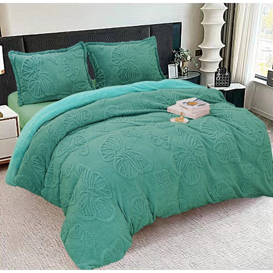 Set Pilota Pufoasa Cocolino, 3 Piese, 200x230 cm, cu Imprimeu FLUTURI 3D, Turquoise, PDC-117 Pilote Iarna cu Blana