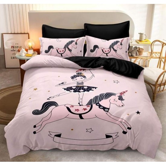 Set Lenjerie de Pat din Finet, 6 Piese, Pat 2 Persoane, Imprimeu 3D Identic cu Poza, Roz-Negru, unicorn, LFL-024 Lenjerii Finet PREMIUM LUX