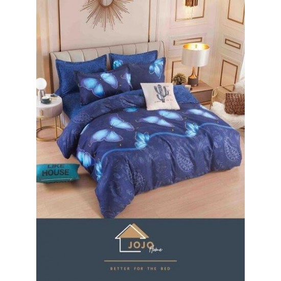 Set Lenjerie de Pat din Finet cu 2 Fete, 6 Piese, Pat 2 Persoane, Albastru-Blue, fluturi, LDF-015 Lenjerii Finet 6 piese