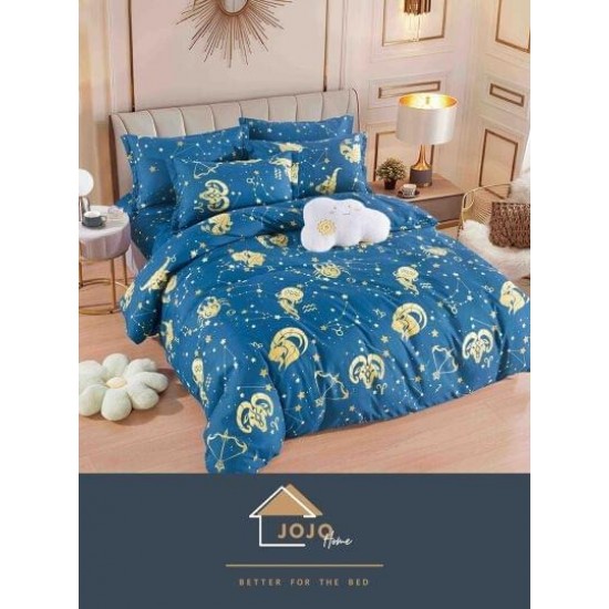 Set Lenjerie de Pat din Finet cu 2 Fete, 6 Piese, Pat 2 Persoane, Albastru-Galben, zodii, LDF-011 Lenjerii Finet 6 piese