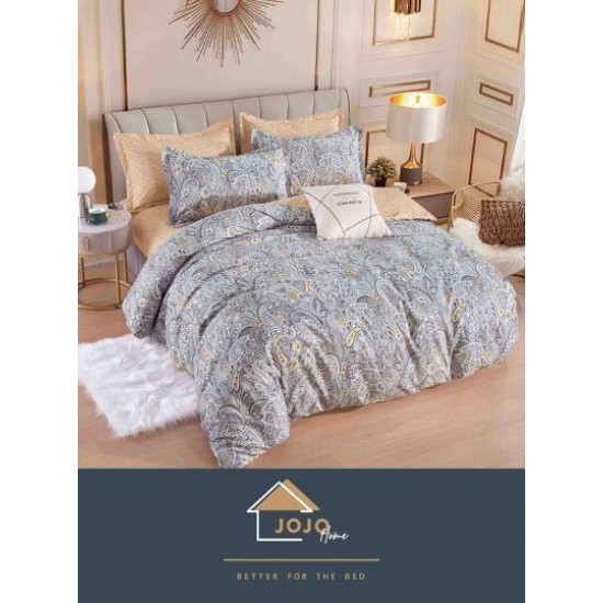 Set Lenjerie de Pat din Finet cu 2 Fete, 6 Piese, Pat 2 Persoane, Gri-Multicolor, frunze, LDF-034 Lenjerii Finet 6 piese
