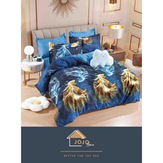 Set Lenjerie de Pat din Finet cu 2 Fete, 6 Piese, Pat 2 Persoane, Albastru-Galben, LDF-048 Lenjerii Finet 6 piese