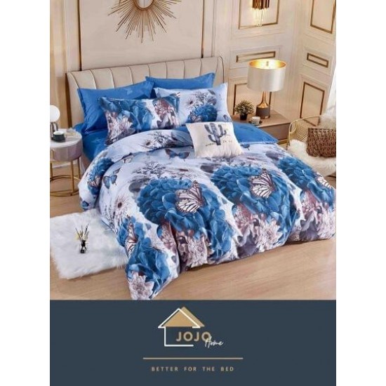 Set Lenjerie de Pat din Finet cu 2 Fete, 6 Piese, Pat 2 Persoane, Albastru-Alb, fluturi, LDF-122 Lenjerii Finet 6 piese