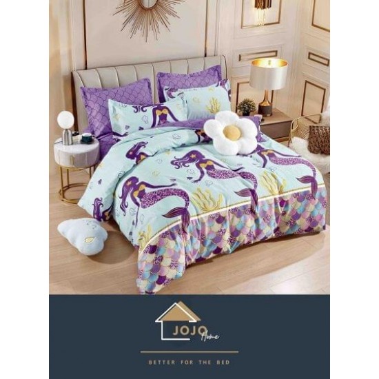 Set Lenjerie de Pat din Finet cu 2 Fete, 6 Piese, Pat 2 Persoane, Alb-Mov, sirena, LDF-126 Lenjerii Finet 6 piese