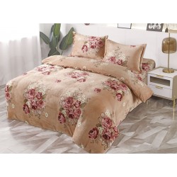 Set Lenjerie Pufoasa Cocolino cu Elastic, 4 Piese, Pat 2 Persoane, Bej-Rosu, flori, LEC-087