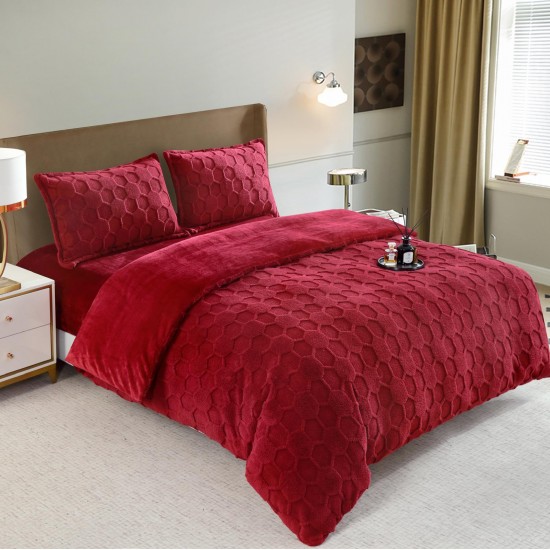 Set Lenjerie Pufoasa Cocolino cu Elastic, 4 Piese, Pat 2 Persoane, cu Imprimeu in Relief, Hexagon 3D, Bordo, LEC-060 Lenjerii Cocolino 4 piese cu ELASTIC