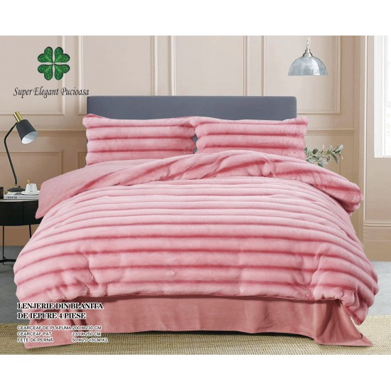 Lenjerie pat dublu, Super Pufoasa, din Blanita artificiala de Iepure, 4 piese, Roz, LCE-067 Lenjerii Blanita Iepure