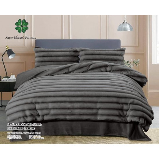 Lenjerie pat dublu, Super Pufoasa, din Blanita artificiala de Iepure, 4 piese, Gri inchis, LCE-068 Lenjerii Blanita Iepure