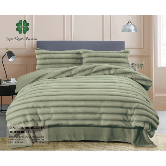 Lenjerie pat dublu, Super Pufoasa, din Blanita artificiala de Iepure, 4 piese, Verde, LCE-069 Lenjerii Blanita Iepure
