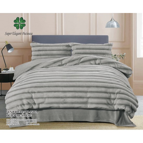 Lenjerie pat dublu, Super Pufoasa, din Blanita artificiala de Iepure, 4 piese, Gri deschis, LCE-071 Lenjerii Blanita Iepure