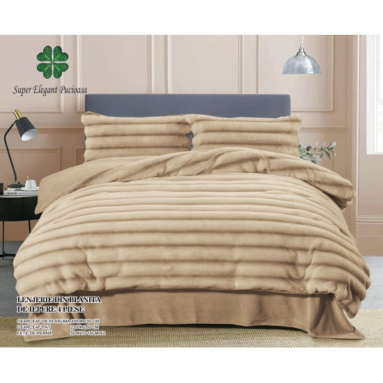 Lenjerie pat dublu, Super Pufoasa, din Blanita artificiala de Iepure, 4 piese, Crem, LCE-073 Lenjerii Blanita Iepure