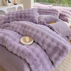 Lenjerie pat dublu, Super Pufoasa, din Blanita artificiala de Iepure, 4 piese, Mov, LCE-044