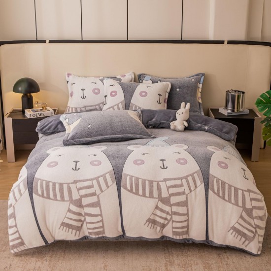 Set Lenjerie Pufoasa Cocolino cu Elastic, 4 Piese, Pat 2 Persoane, Gri-Crem, bear, LEC-093 Lenjerii Cocolino 4 piese cu ELASTIC