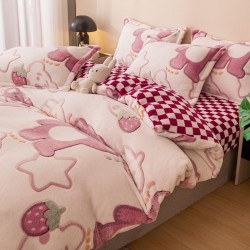 Set Lenjerie Pufoasa Cocolino cu Elastic, 4 Piese, Pat 2 Persoane, Alb-Roz, bear, LEC-096