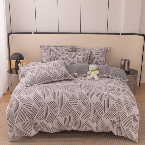 Set Lenjerie Pufoasa Cocolino cu Elastic, 4 Piese, Pat 2 Persoane, Gri-Bej, linii, LEC-100 Lenjerii Cocolino 4 piese cu ELASTIC