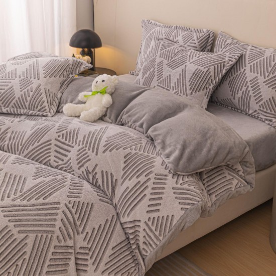 Set Lenjerie Pufoasa Cocolino cu Elastic, 4 Piese, Pat 2 Persoane, Gri-Bej, linii, LEC-100 Lenjerii Cocolino 4 piese cu ELASTIC