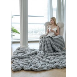 Patura CoCoLiNo Pufoasa din Blanita artificiala de iepure, 200x230 cm, Gri deschis, PCI-023