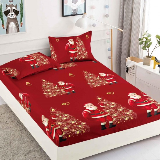 Cearsaf cu ELASTIC, Bumbac FINET, 180x200cm, 2 fete de perne 50x70cm, TEMATICA CRACIUN, Rosu-Multicolor, LTC-027 Lenjerii tematica Craciun