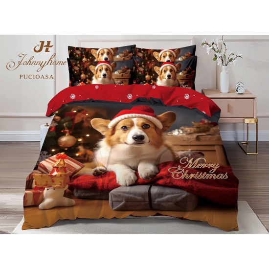 Set Lenjerie Pat Dublu 6 Piese Bumbac Finet – Model Câine Corgi cu Moș Crăciun, Roșu Festiv, LTC-054 Lenjerii tematica Craciun
