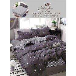 Lenjerie Bumbac Finet Superior, 4 Piese, Pat 1 Persoana, cearsaf cu ELASTIC, Alb-Gri, romburi, OTM-004
