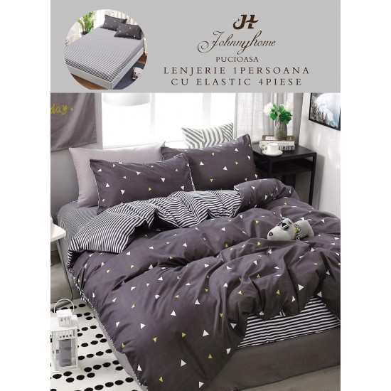 Lenjerie Bumbac Finet Superior, 4 Piese, Pat 1 Persoana, cearsaf cu ELASTIC, Alb-Gri, romburi, OTM-004 Oferta Trio Mix 199