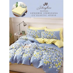 Lenjerie Bumbac Finet Superior, 4 Piese, Pat 1 Persoana, cearsaf cu ELASTIC, Blue-Galben, flori, OTM-007
