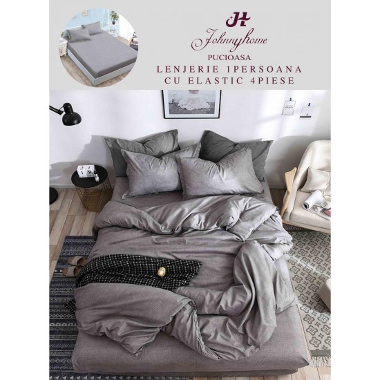 Lenjerie Bumbac Finet Superior, 4 Piese, Pat 1 Persoana, cearsaf cu ELASTIC, Gri, OTM-008 Oferta Trio Mix 199