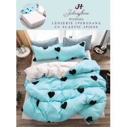 Lenjerie Bumbac Finet Superior, 4 Piese, Pat 1 Persoana, cearsaf cu ELASTIC, Blue-Negru, inimi, OTM-011