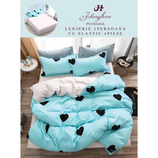 Lenjerie Bumbac Finet Superior, 4 Piese, Pat 1 Persoana, cearsaf cu ELASTIC, Blue-Negru, inimi, OTM-011 Oferta Trio Mix 199