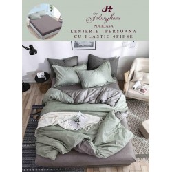 Lenjerie Bumbac Finet Superior, 4 Piese, Pat 1 Persoana, cearsaf cu ELASTIC, Gri-Vernil, OTM-012