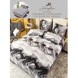 Lenjerie Bumbac Finet Superior, 4 Piese, Pat 1 Persoana, cearsaf cu ELASTIC, Gri-Alb, ombre, OTM-016