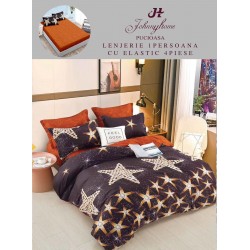Lenjerie Bumbac Finet Superior, 4 Piese, Pat 1 Persoana, cearsaf cu ELASTIC, Portocaliu, stele, OTM-019