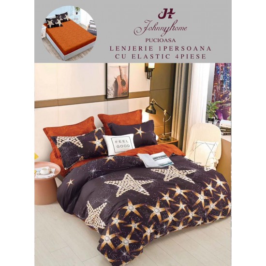 Lenjerie Bumbac Finet Superior, 4 Piese, Pat 1 Persoana, cearsaf cu ELASTIC, Portocaliu, stele, OTM-019 Oferta Trio Mix 199