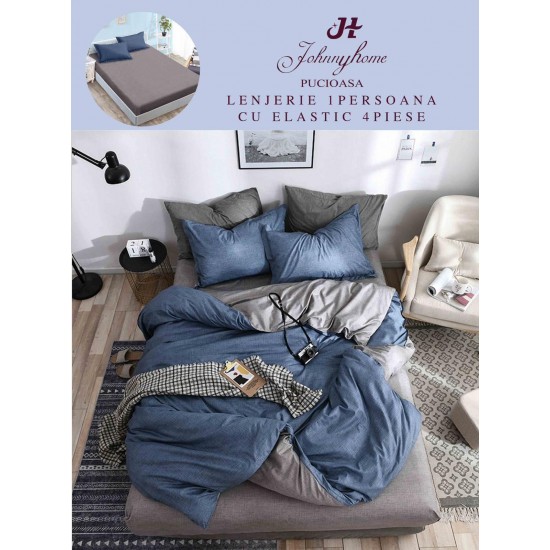 Lenjerie Bumbac Finet Superior, 4 Piese, Pat 1 Persoana, cearsaf cu ELASTIC, Gri-Albastru, OTM-020 Oferta Trio Mix 199