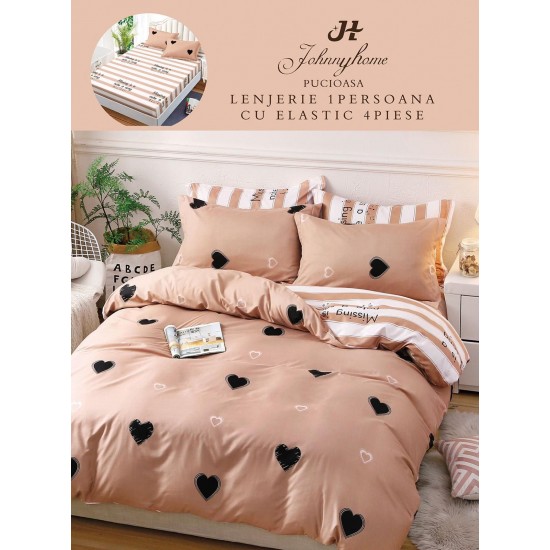 Lenjerie Bumbac Finet Superior, 4 Piese, Pat 1 Persoana, cearsaf cu ELASTIC, Maro-Negru, inimi, OTM-022 Oferta Trio Mix 199