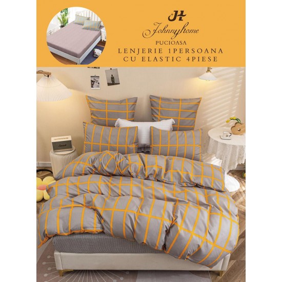 Lenjerie Bumbac Finet Superior, 4 Piese, Pat 1 Persoana, cearsaf cu ELASTIC, Bej-Crem, linii, OTM-023 Oferta Trio Mix 199