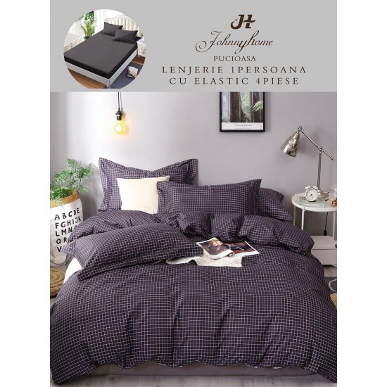 Lenjerie Bumbac Finet Superior, 4 Piese, Pat 1 Persoana, cearsaf cu ELASTIC, Bleumarin, OTM-024 Oferta Trio Mix 199