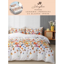 Lenjerie Bumbac Finet Superior, 4 Piese, Pat 1 Persoana, cearsaf cu ELASTIC, Alb-Multicolor, fluturi, OTM-025